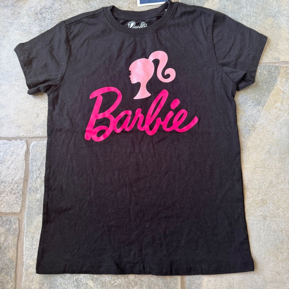 NWT Barbie Girls Black Logo Tee Size 10/12 | Pink‎ Script Graphic Shirt